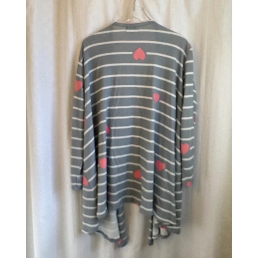 LuLaRoe Caroline Cardigan Sweater 2XL Grey White Striped Pink Hearts Open Front